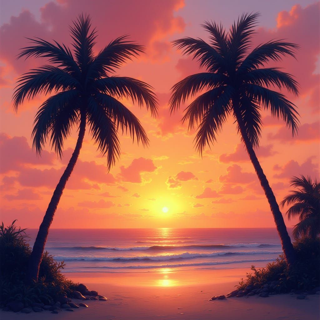 Palm Trees at Sunset in Impressionistic Style