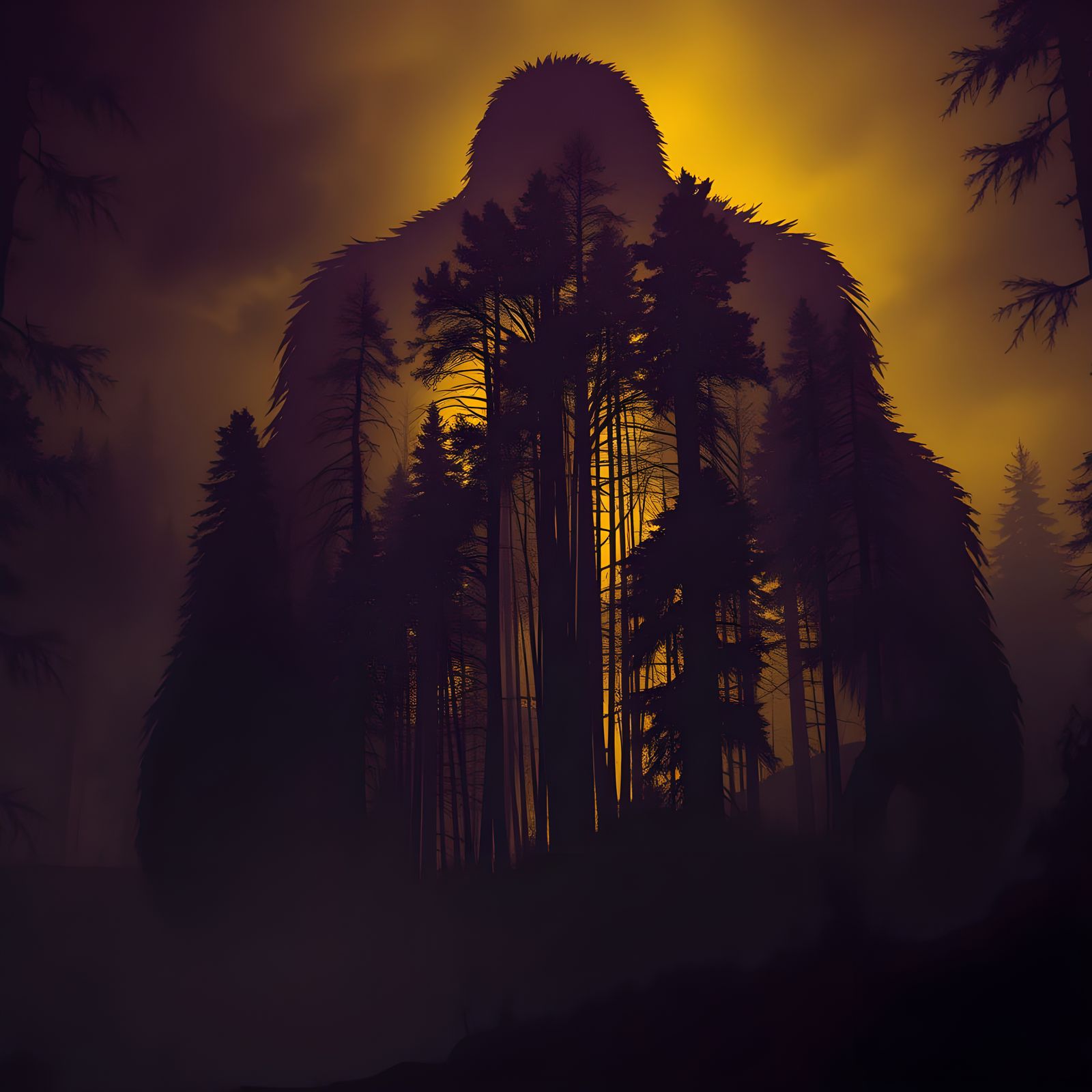 Eerie Silhouette of Big Foot in a Haunting Forest