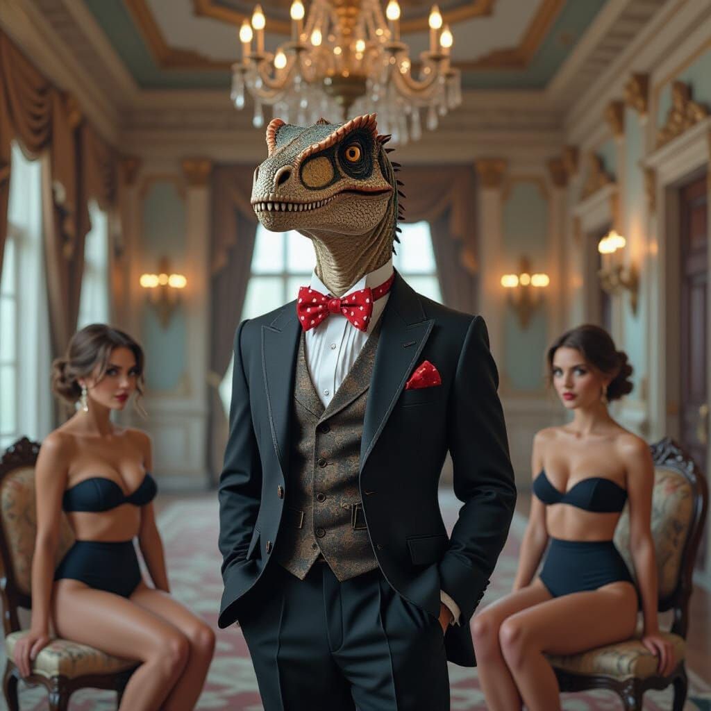 Velociraptor in Victorian Suit in Abandoned Mansion