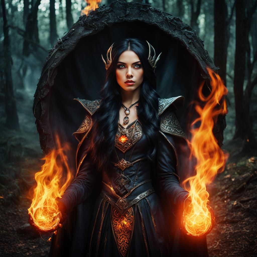 Elven Wizard Casting Fire Spell in Haunted Forest