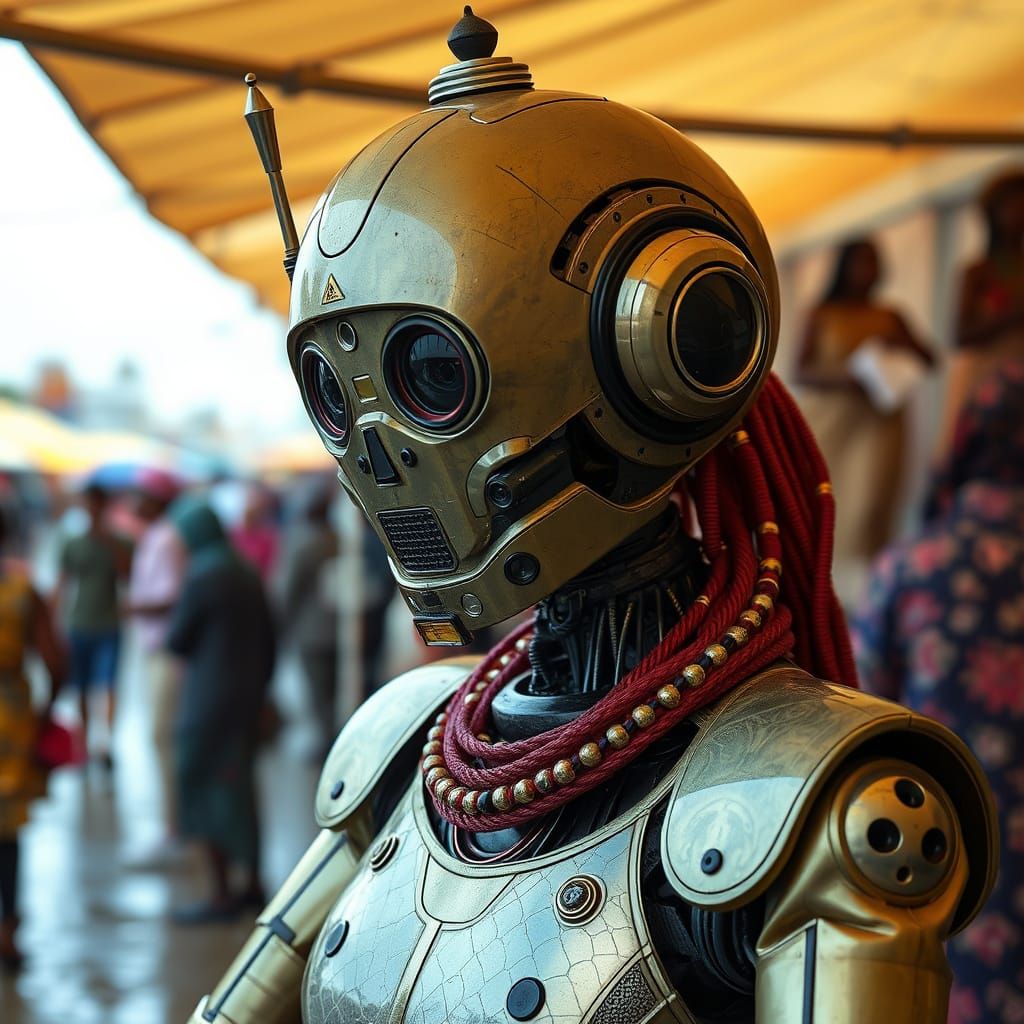 Afrofuturist Robot Fortune-Teller in Floating City Bazaar