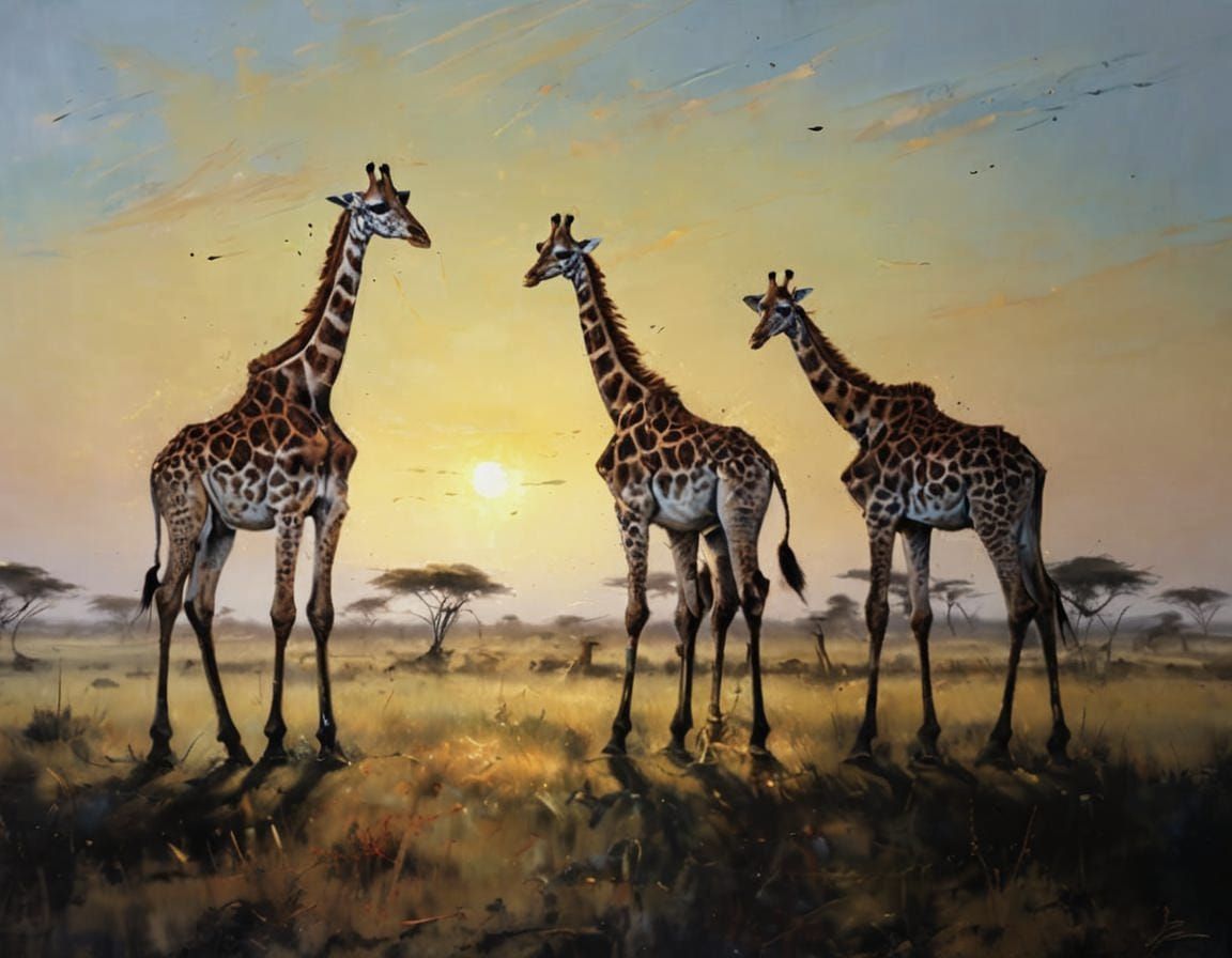 Giraffes Bask in Morning Sunlight on African Savannah in Imp...