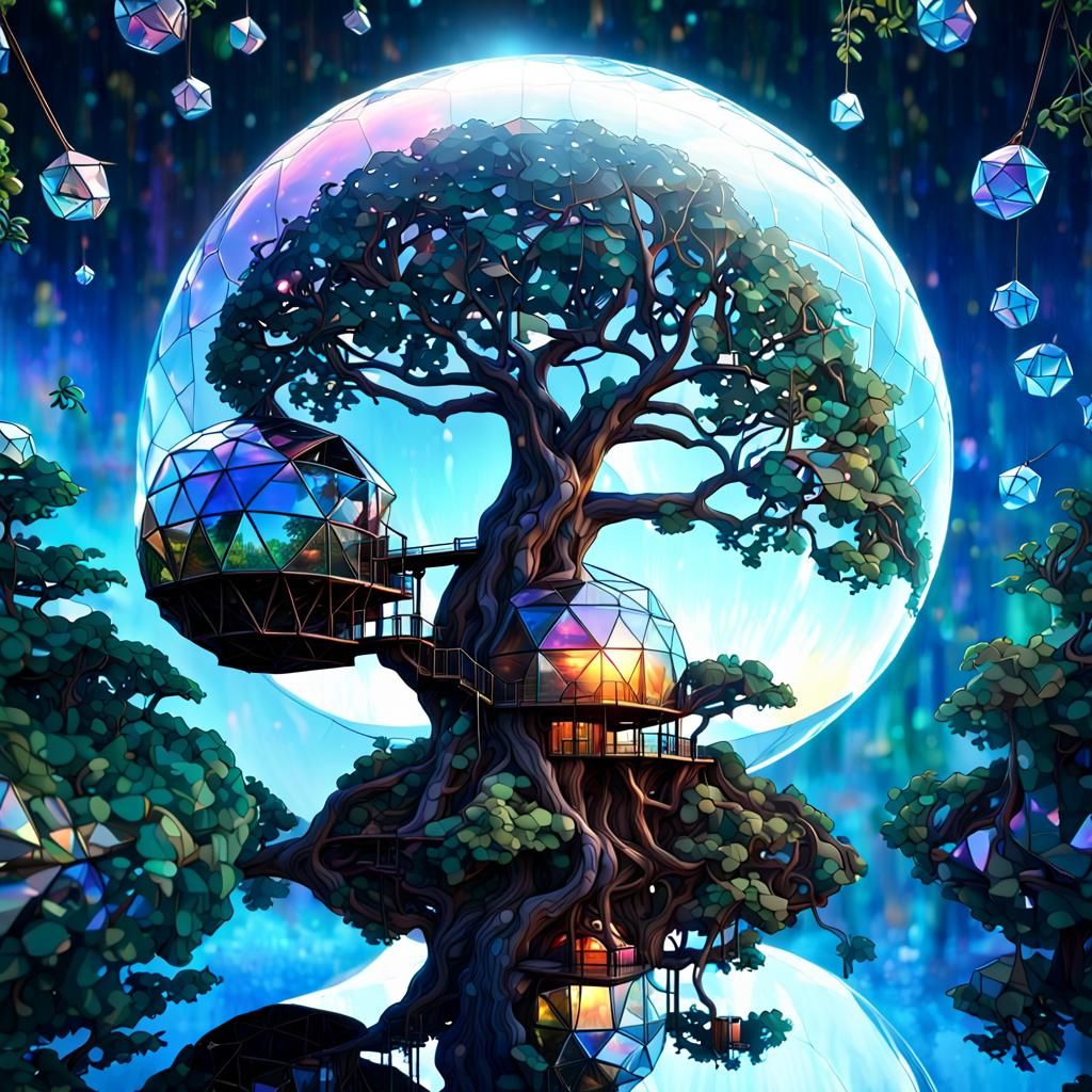 Iridescent Geodesic Treehouse at Sunrise: Hyperdetailed Fant...