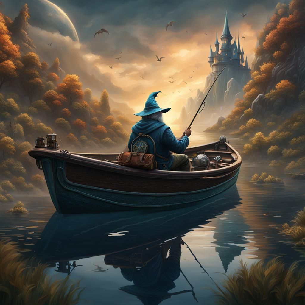Wizard Contemplating Life in Fishing Boat