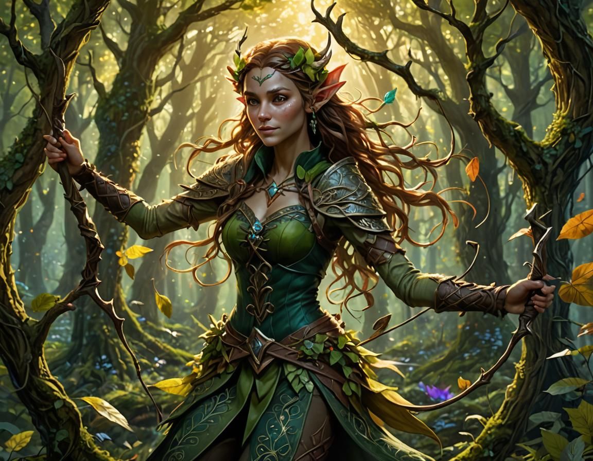 Bosmer Elf Dances in Forest, Fantasy Illustration