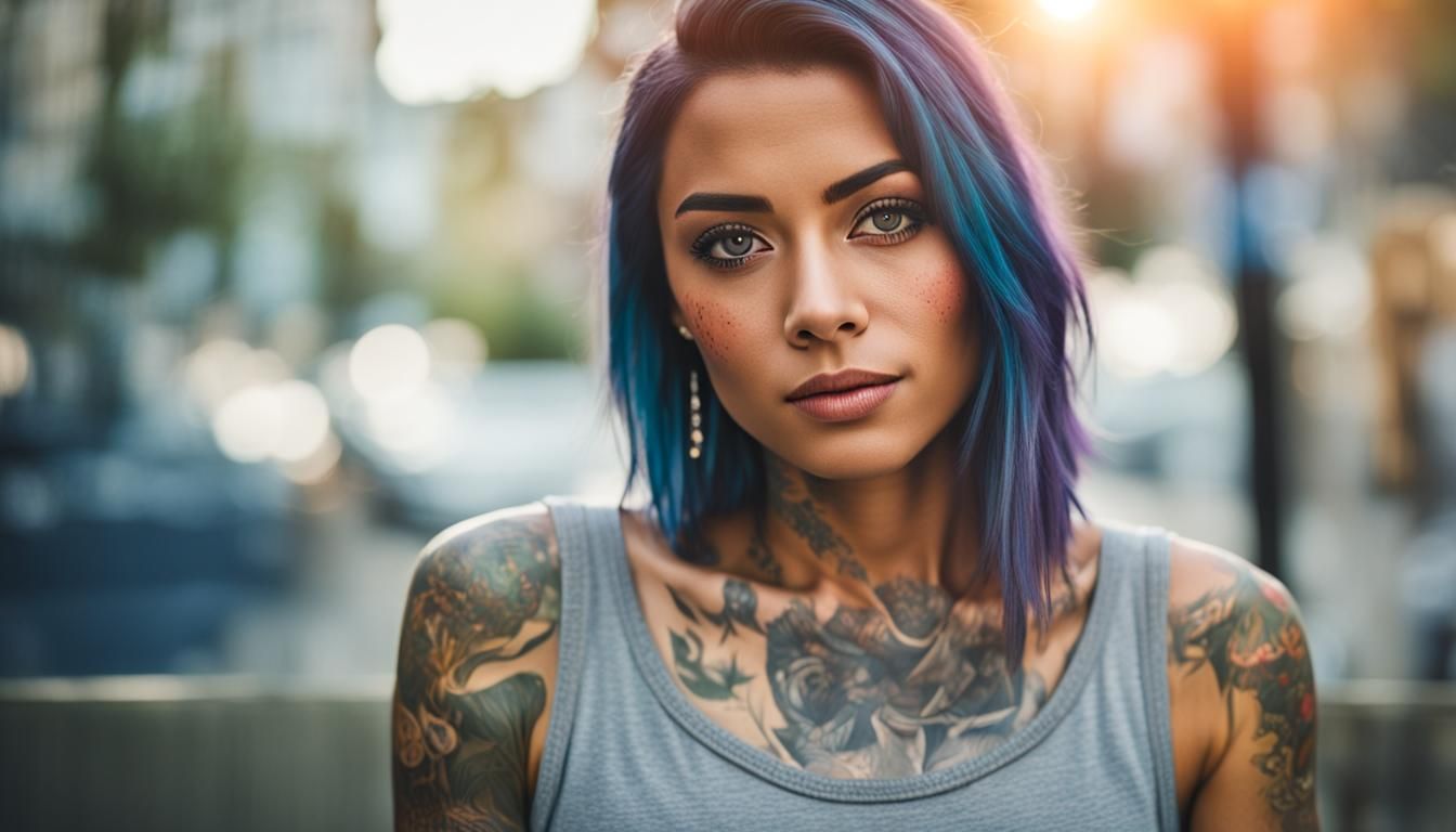 Tattooed Woman in Jean Shorts, Professional Photography