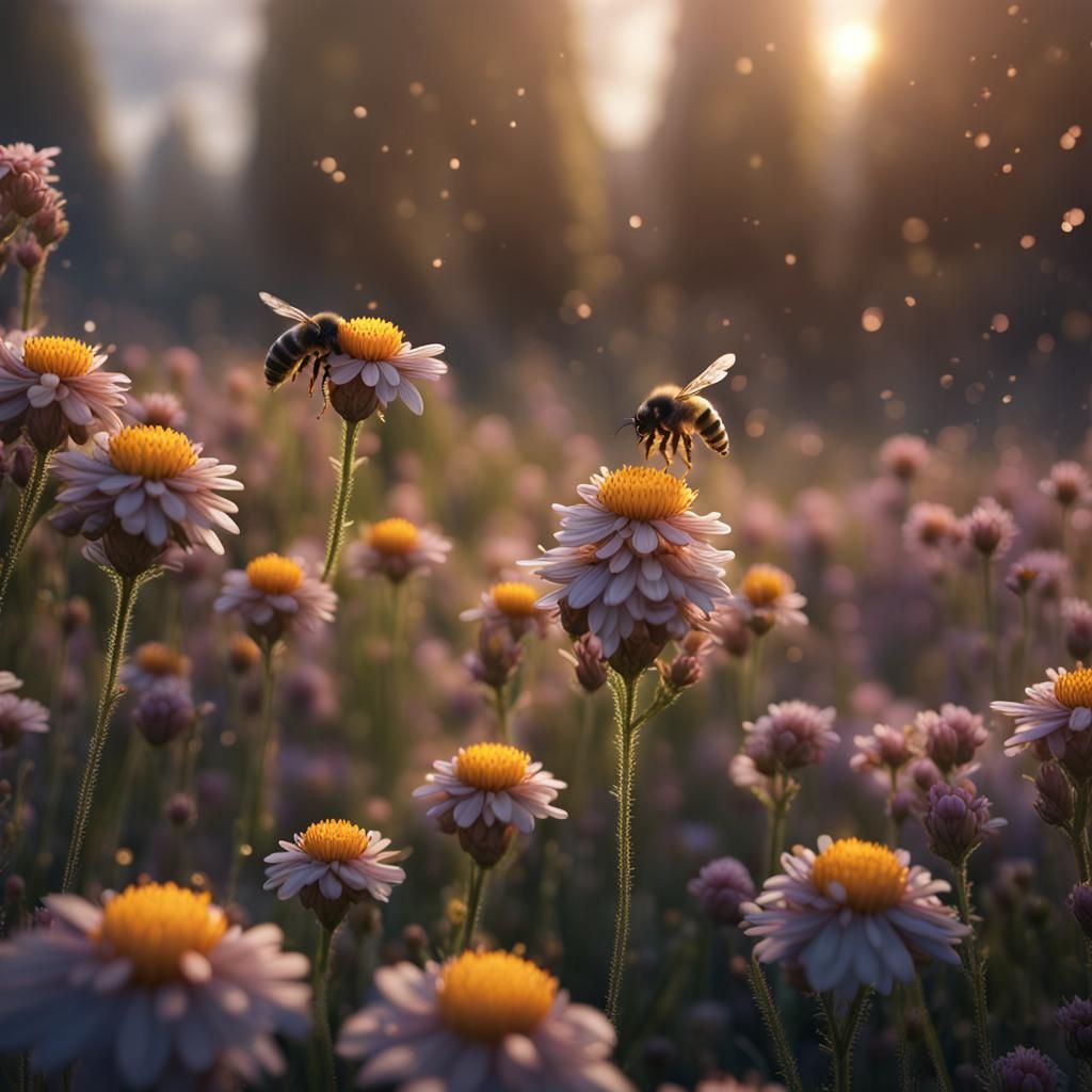 Bees in Flower Field: Hyperrealistic 8K Resolution