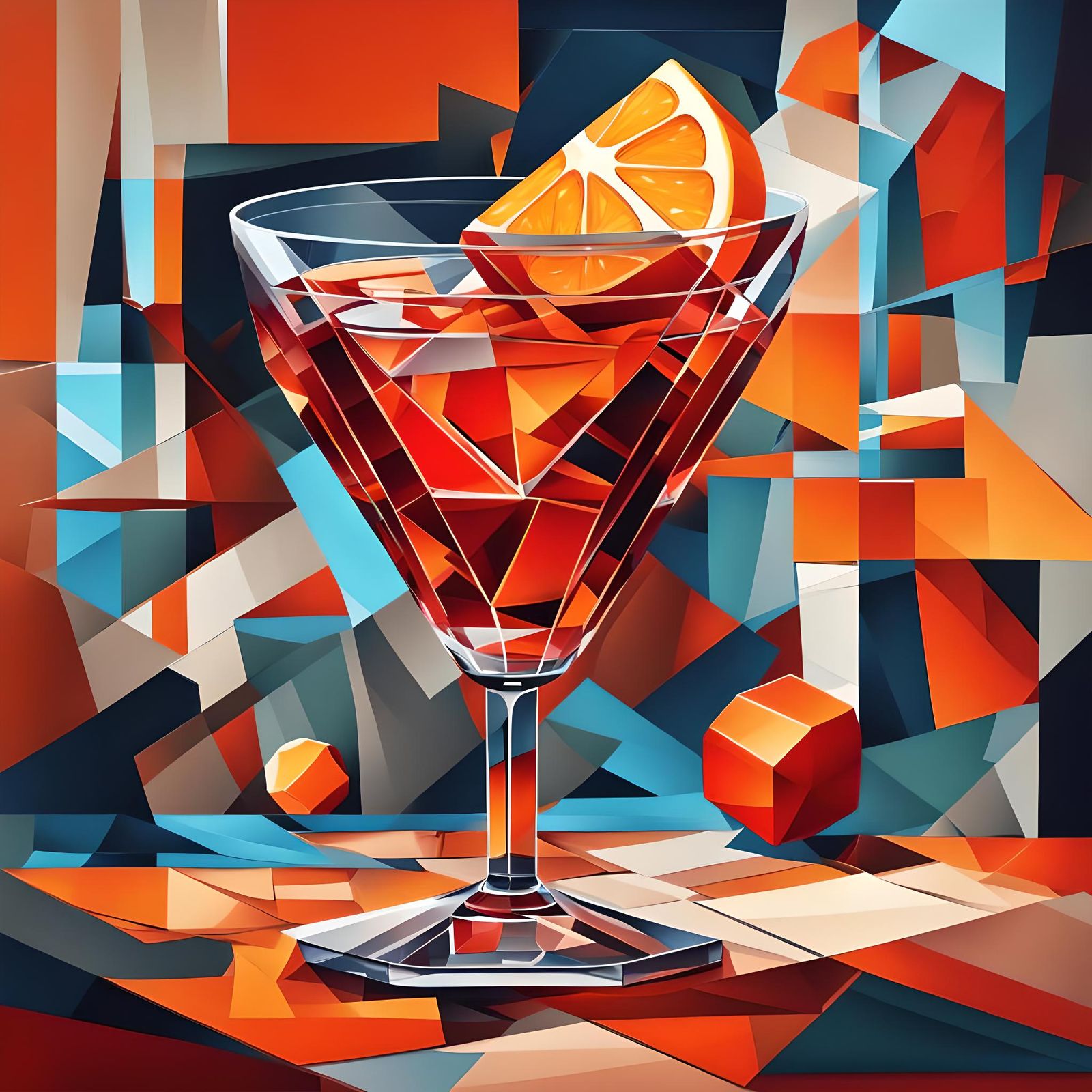 glass of negroni cocktail cubist painting, Neo-Cubism, layer...