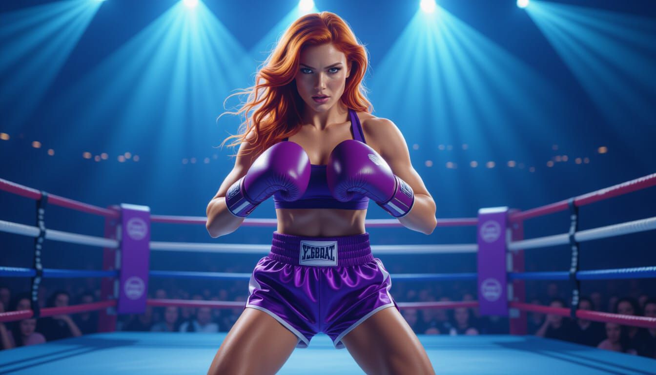 Ginger Female Boxer Ready To Fight in Purple Ring