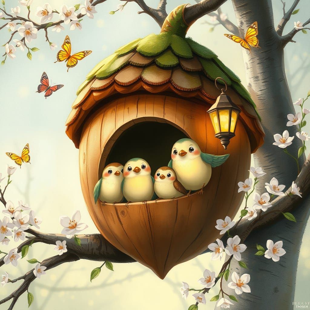 Whimsical Acorn Birdhouse in Spring, Storybook Illustration