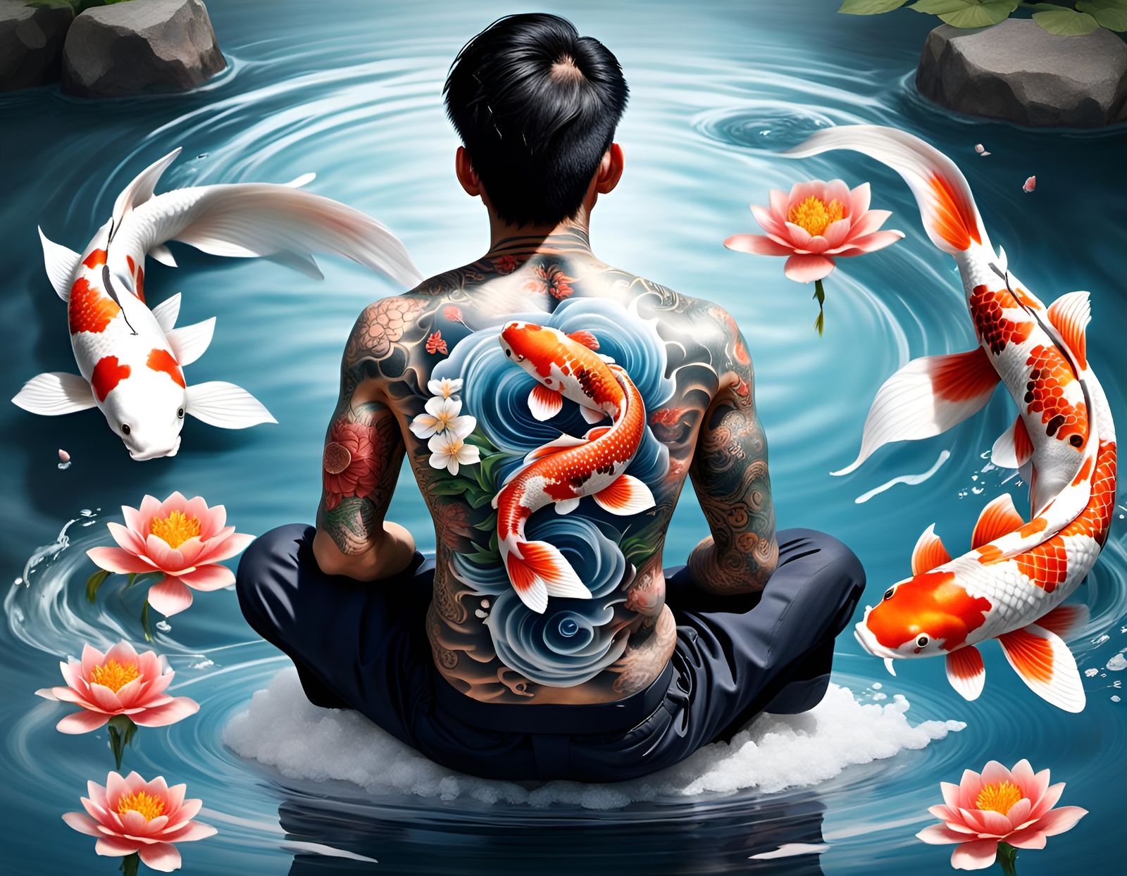 A japanese man in a zen Graden with a beautiful tattoo of his koi carps.