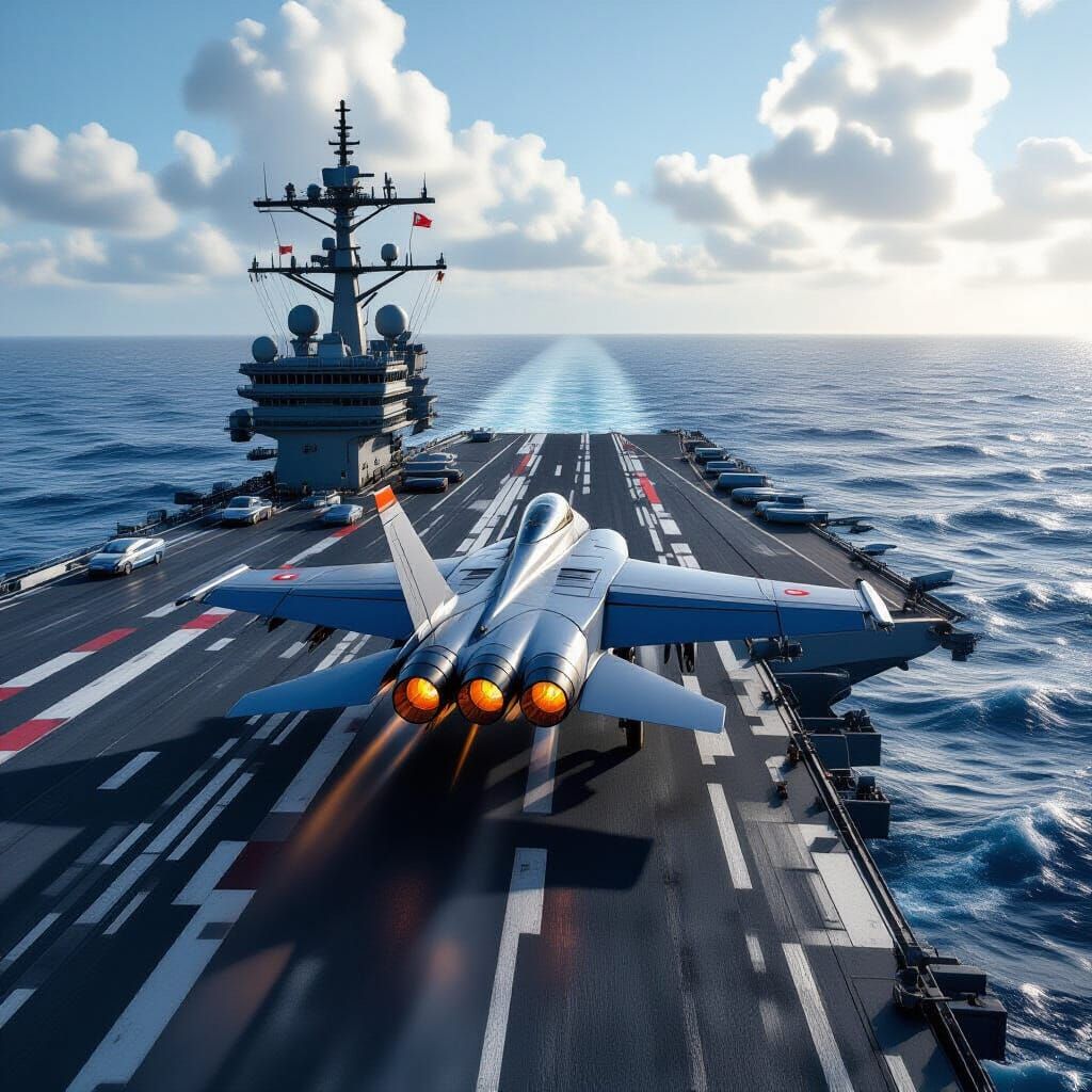 Fighter Jet Landing on Aircraft Carrier, Hyperrealistic 8K