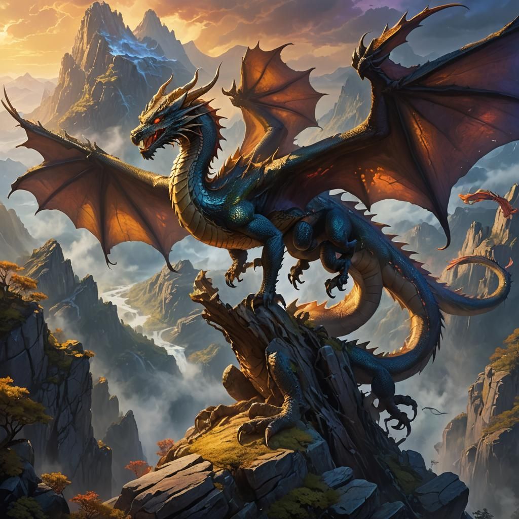 Dragon Perched on Mountain: Fantasy Concept Art