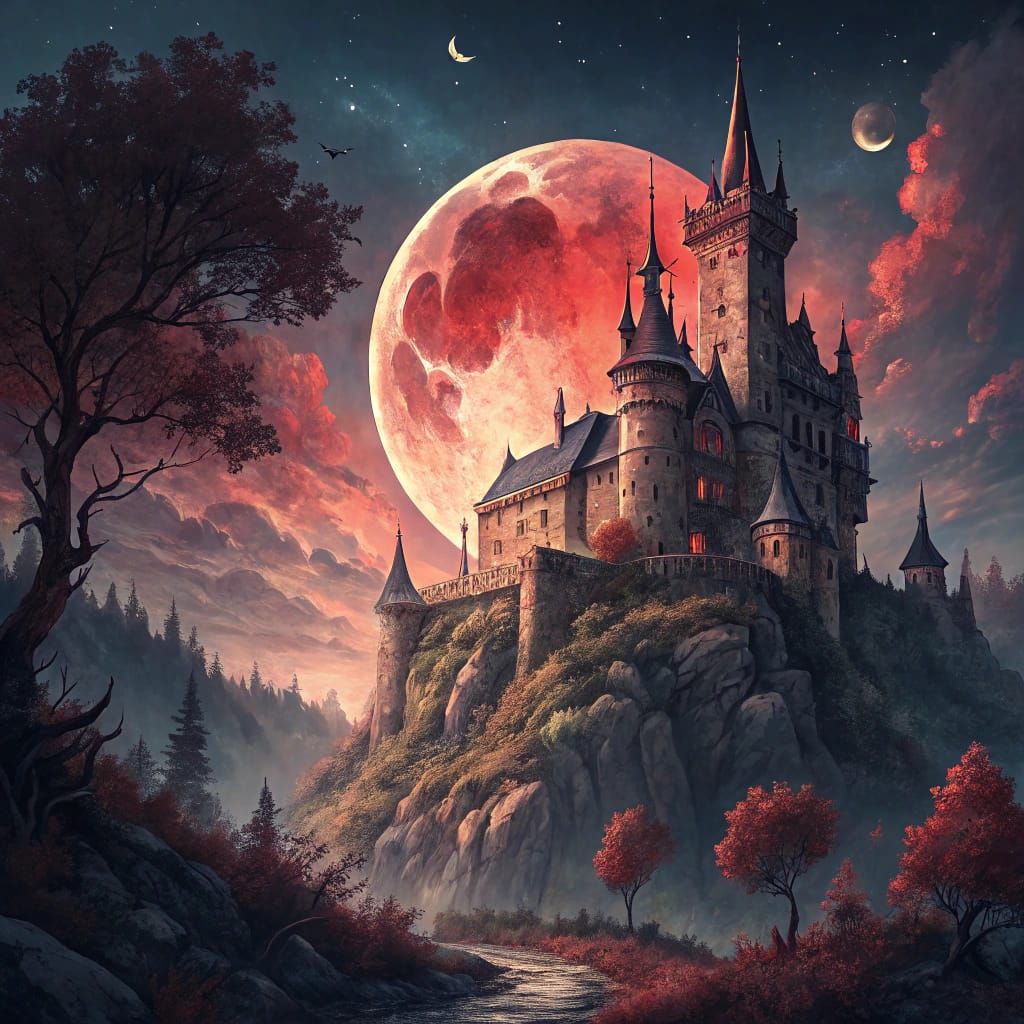 Gothic Castle Illuminated by a Blood Red Moon