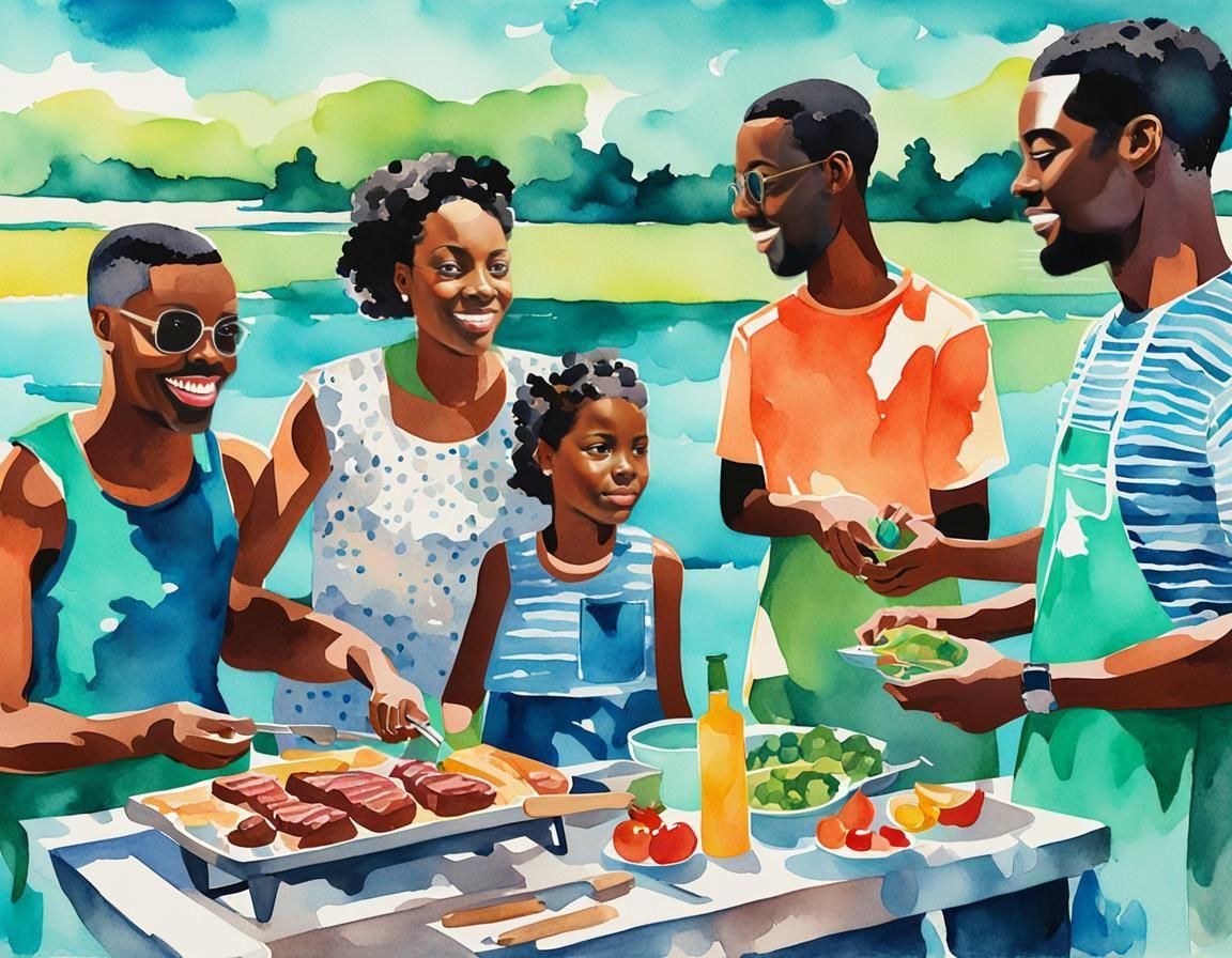 Black Family BBQ in Pop Art Watercolor Style