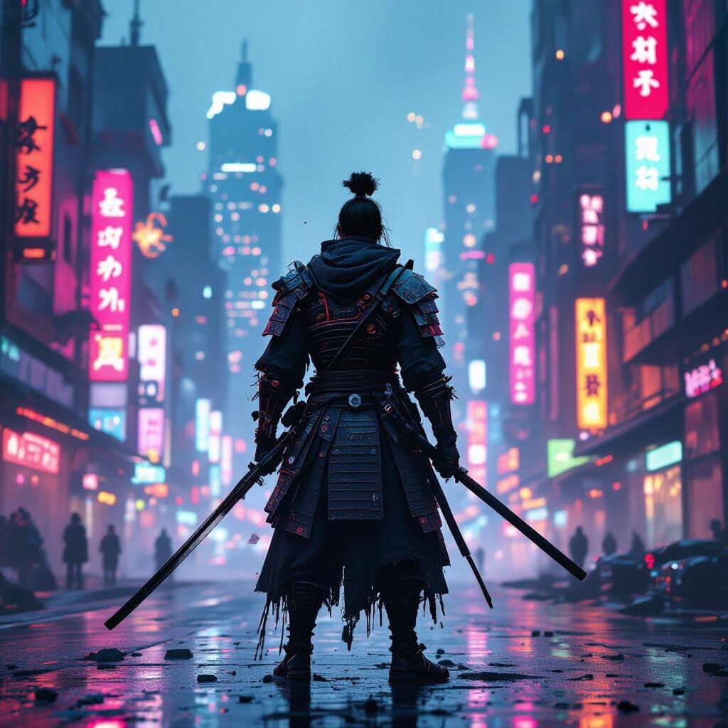 Lone Samurai in Neon Cyberpunk Cityscape