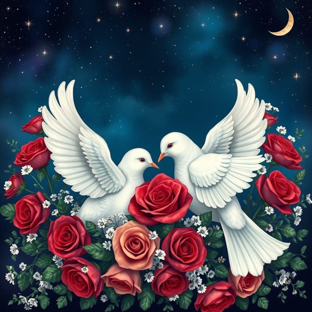 Doves in Whimsical Floral Heart, Starry Night Sky