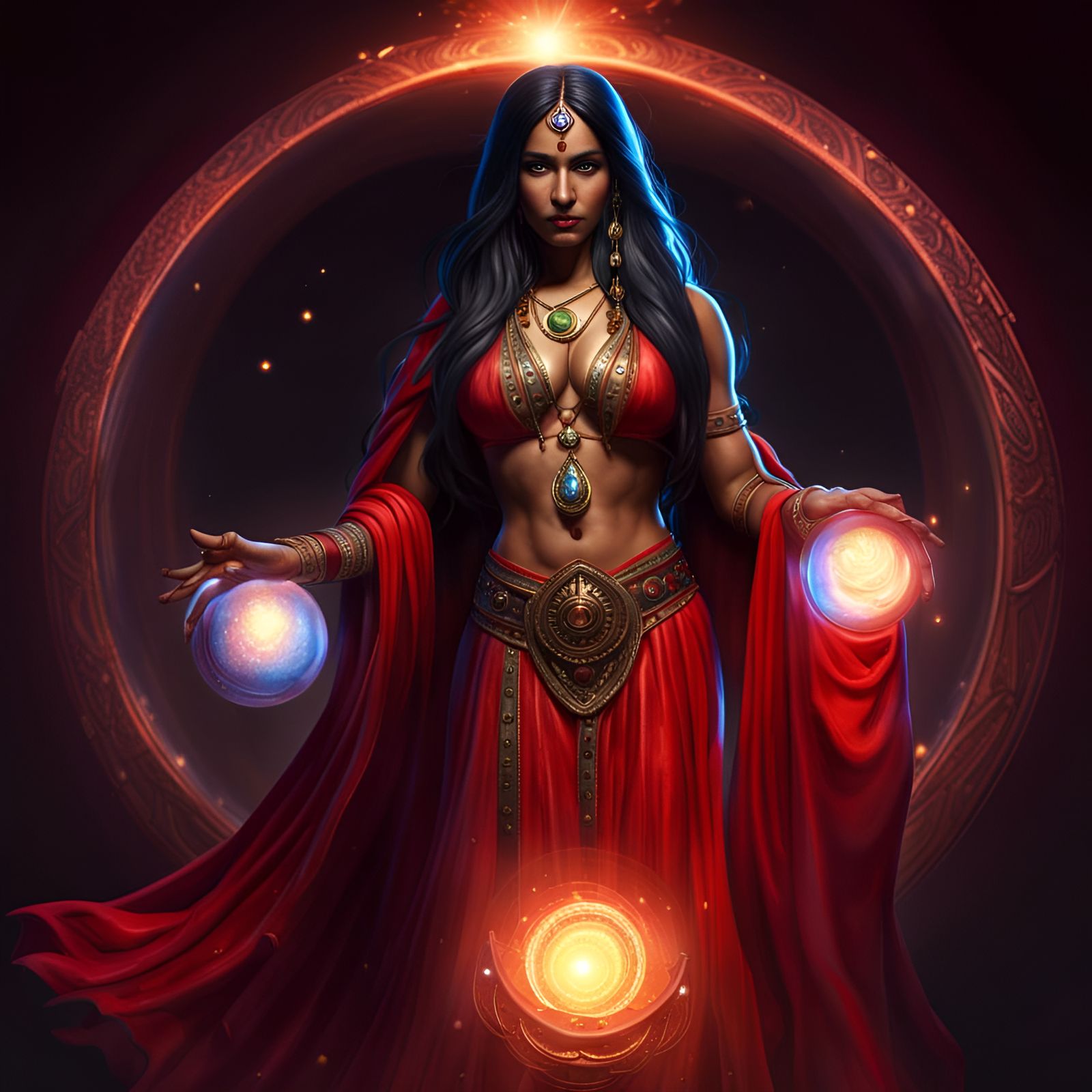 Indian Sorceress Gazing at Orb in Ancient Temple