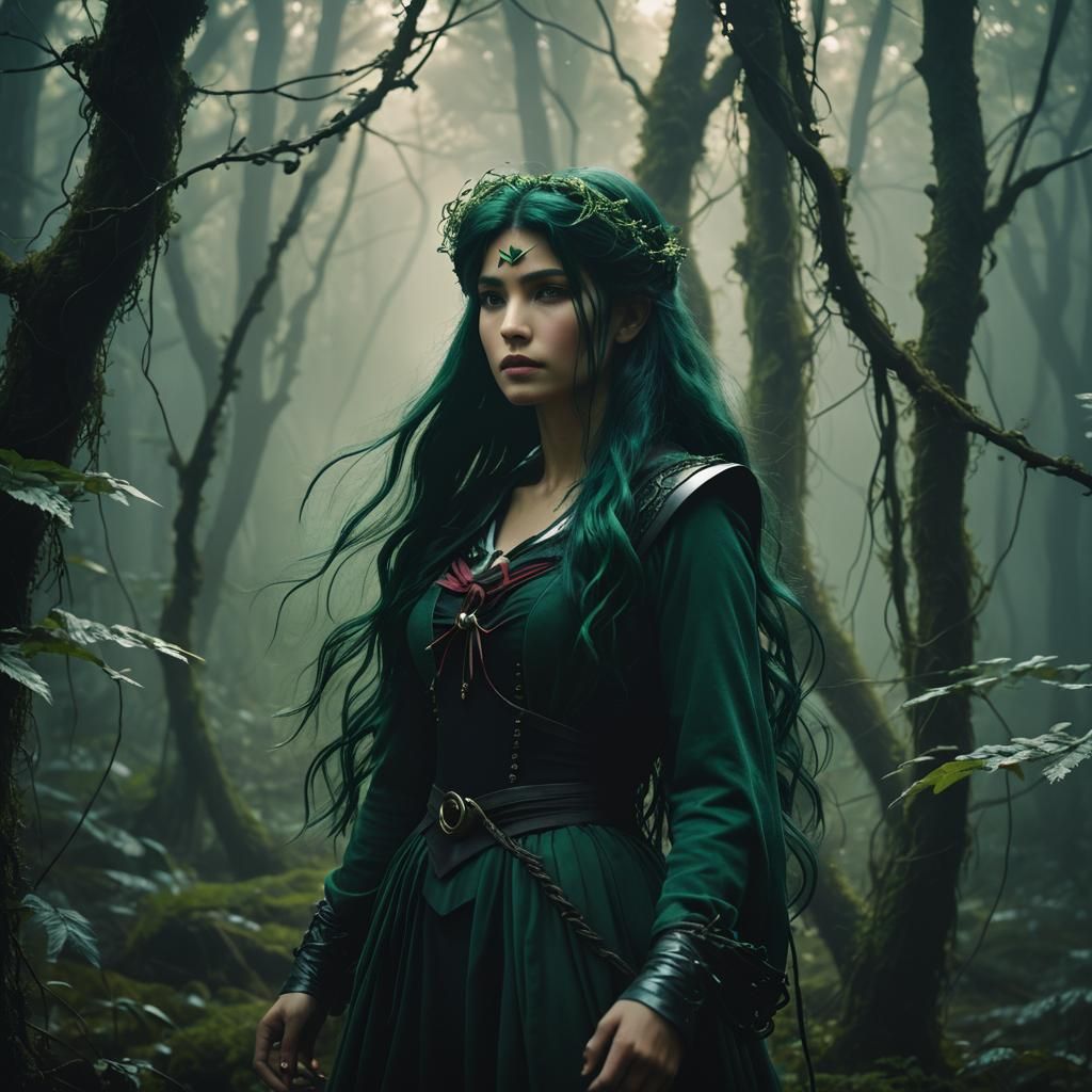 Sailor Pluto in Mystical Forest, Surreal Style