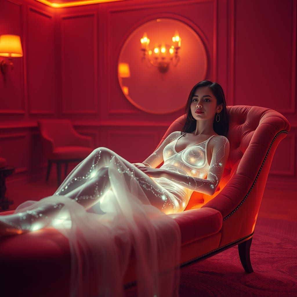 Luminous Translucent Woman in a Dreamy Amber Room