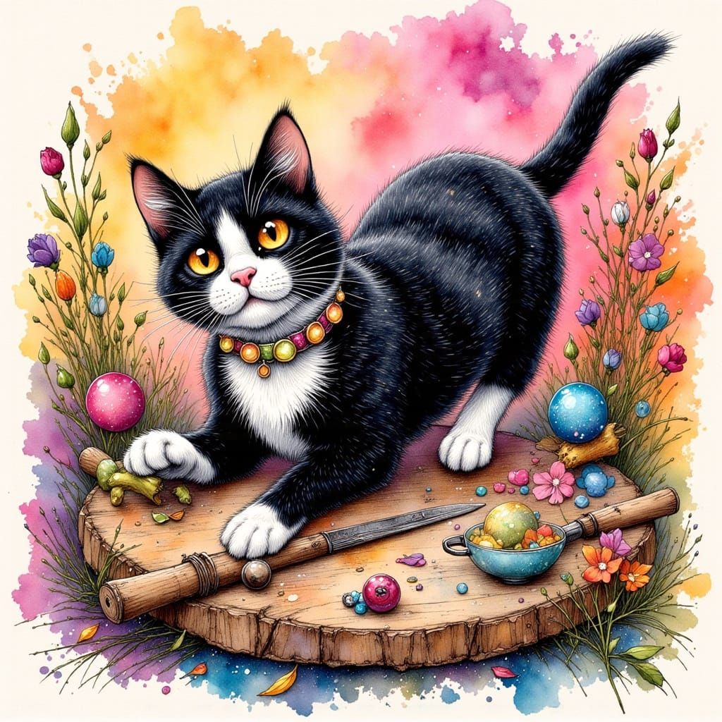 Whimsical Tuxedo Cat Art in Ink Style