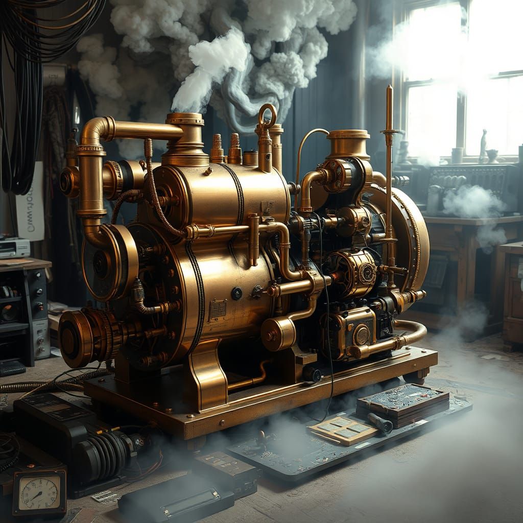 Steampunk Engine Amidst Phone Components