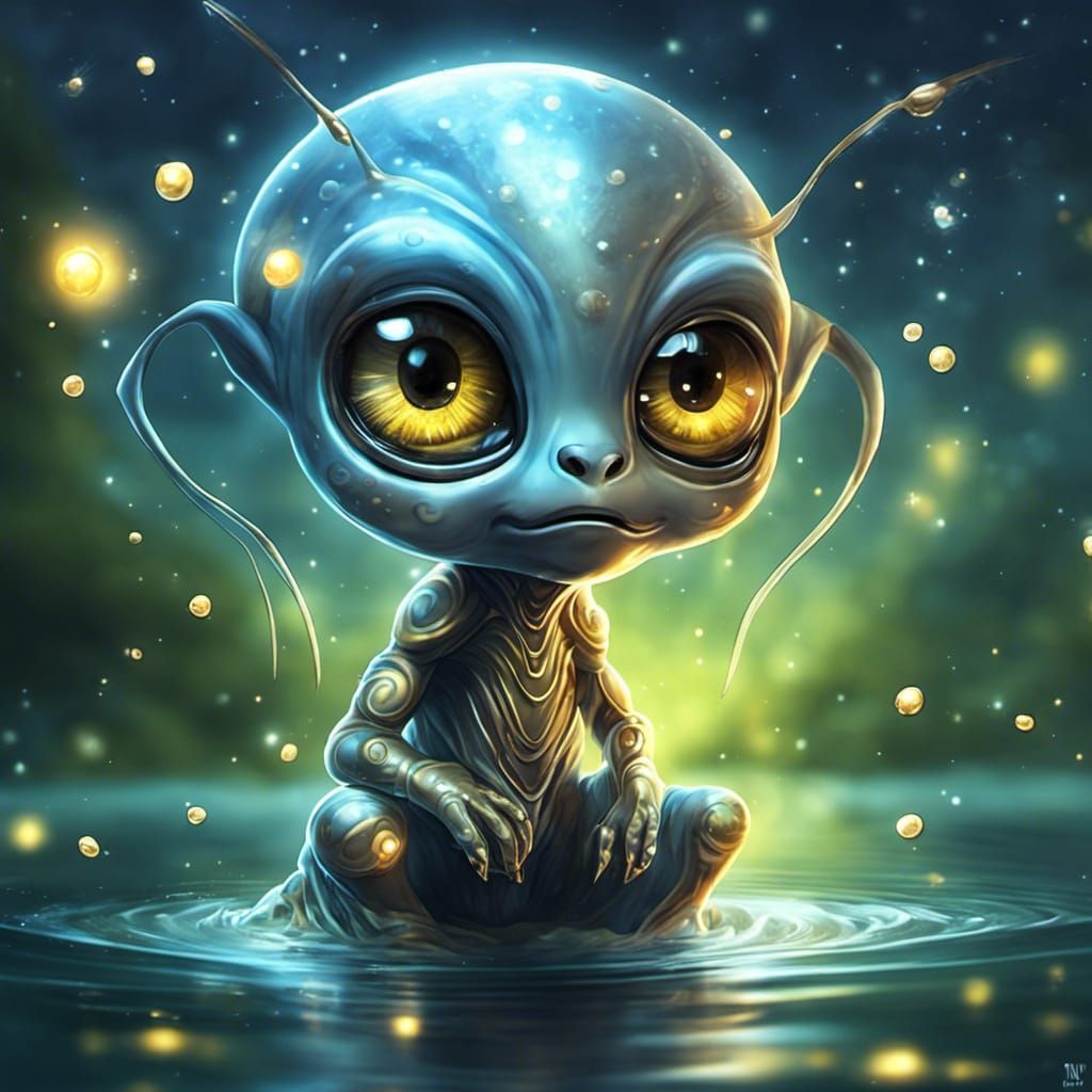 Adorable Chibi Alien Surrounded by Fireflies