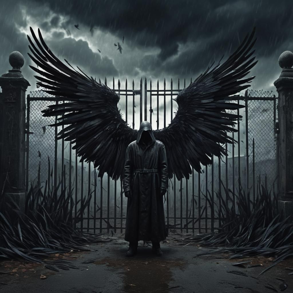 Eerie Feathered Figure at Gate: Dark Surrealism