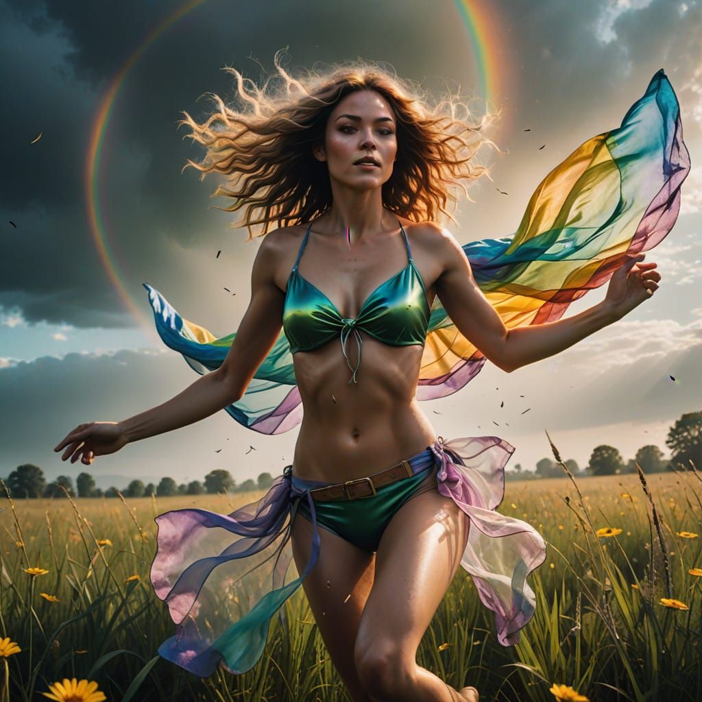 Hyperrealistic Goddess Soars Through Rainbow Mist in Spring ...