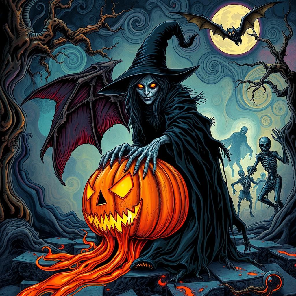 Surreal Witch in Biomechanical Halloween Dreamscape