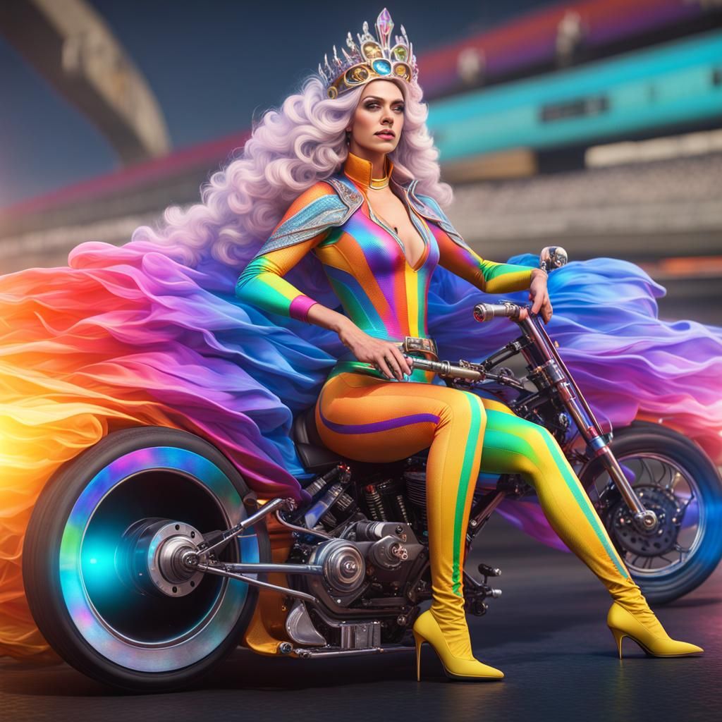 Rainbow Crystal Queen as Drag Racer, Detailed Digital Painti...