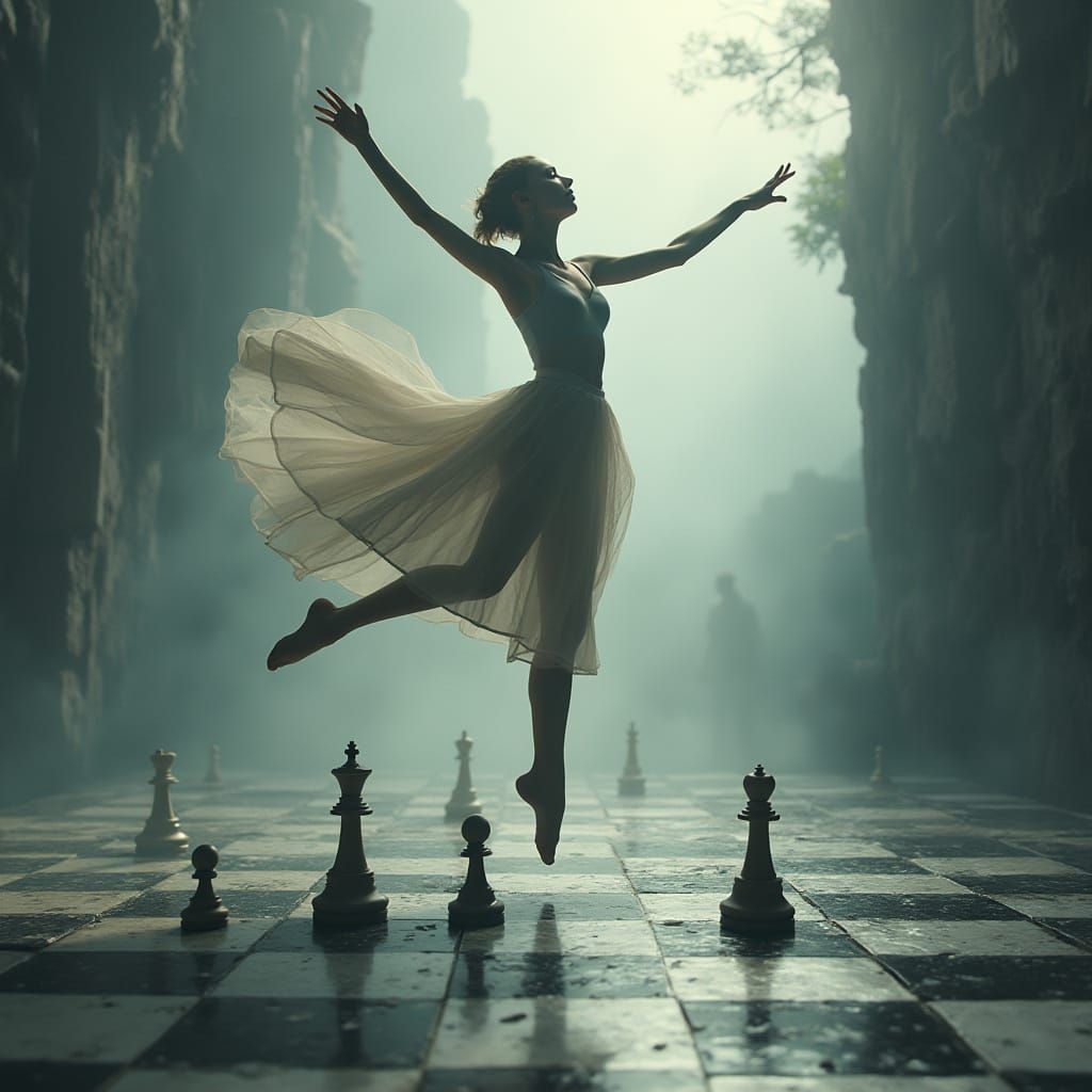 Surreal Dancer Levitation Above Chessboard for Strategic Gam...