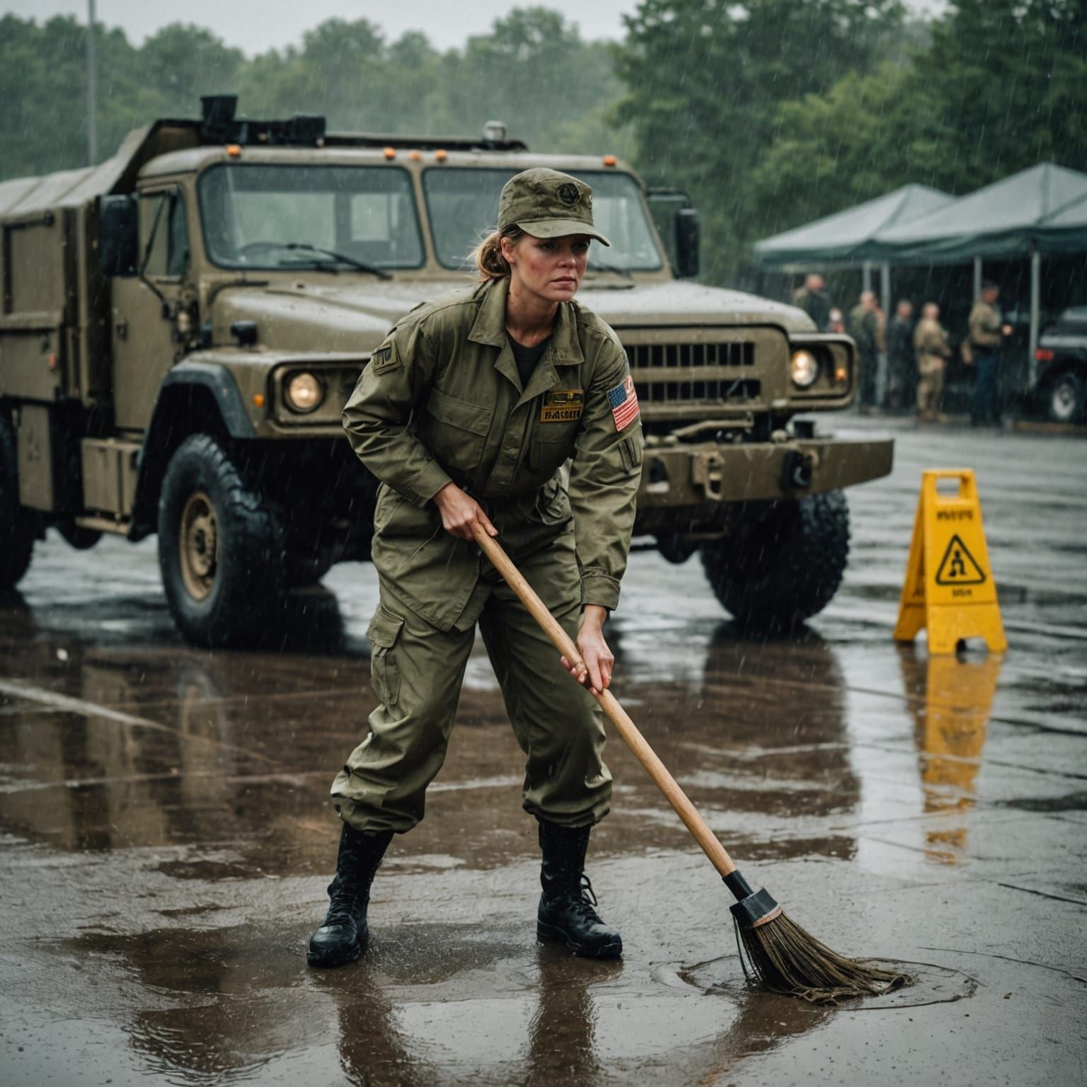 American Soldier Cleans Motor Pool in Cinematic Rain