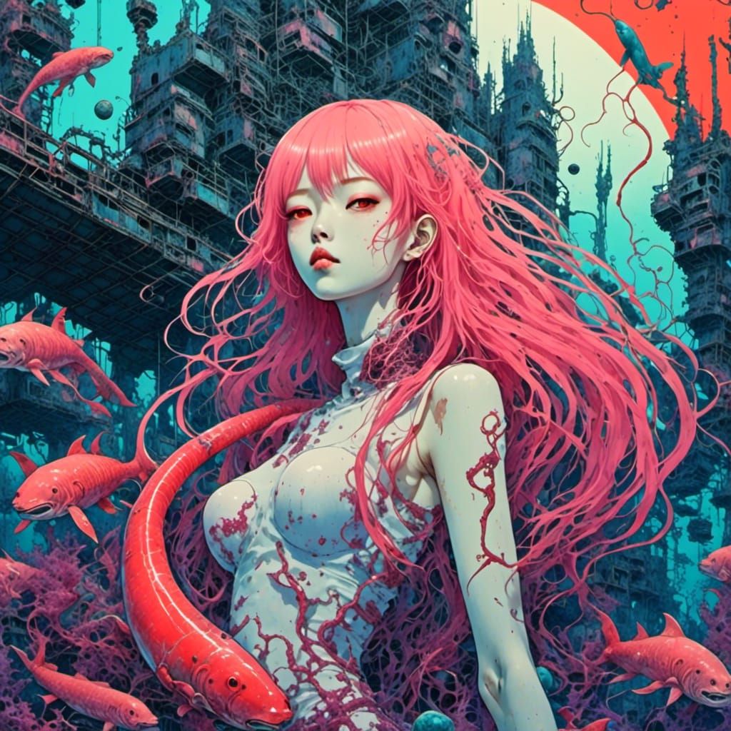 Mermaid in Underwater Neon City, Cyberpunk Style
