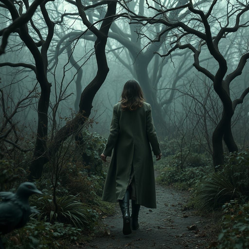 Eerie Woman in Overgrown Garden, Surreal Art