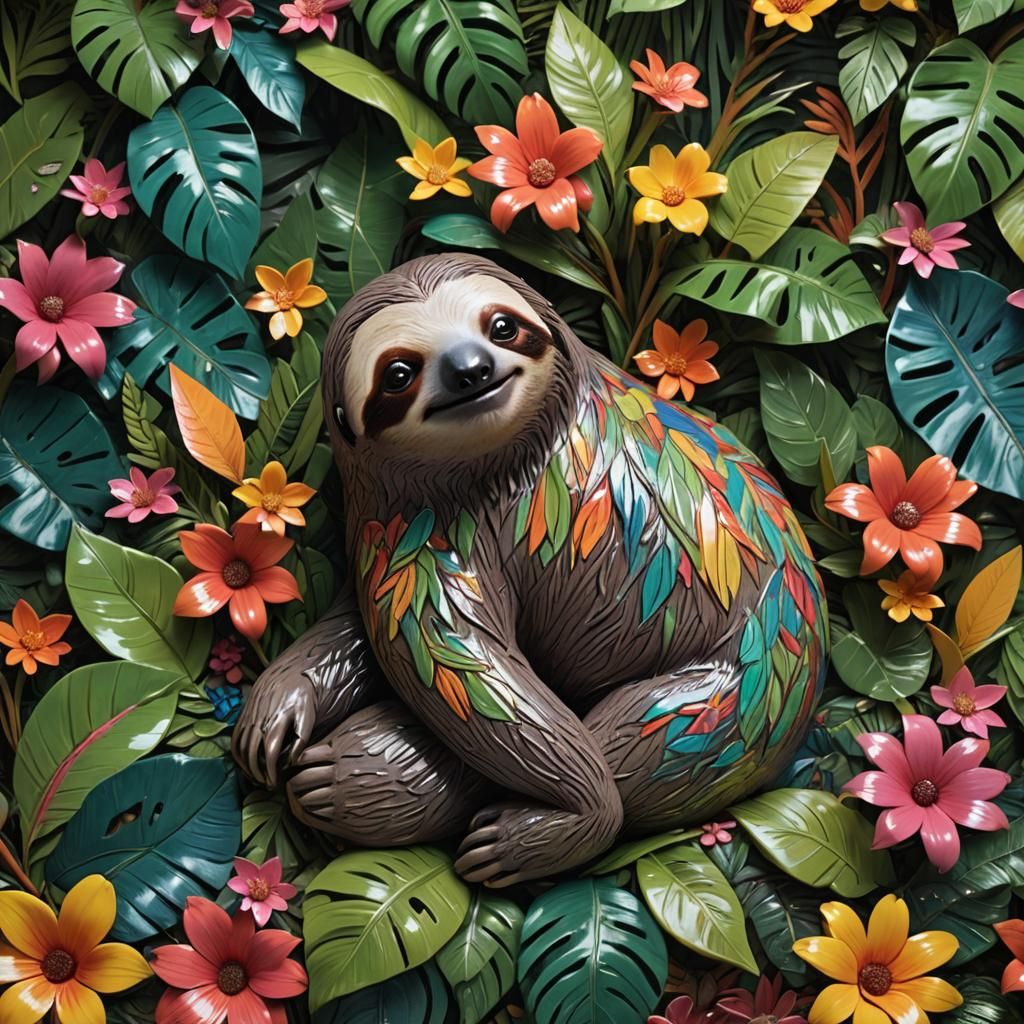 Ceramic Sloth in Jungle: Hyperrealistic Splash Art