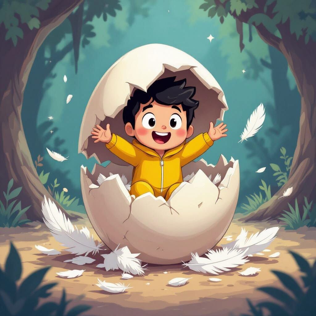 Cartoon Boy Emerges from Egg in Whimsical Style