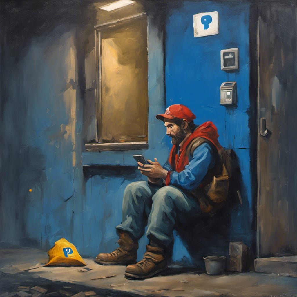 Homeless Supermario Chatting on Phone, Acrylic Painting
