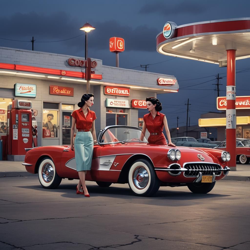 Noir: Women in Corvette Under Streetlamp