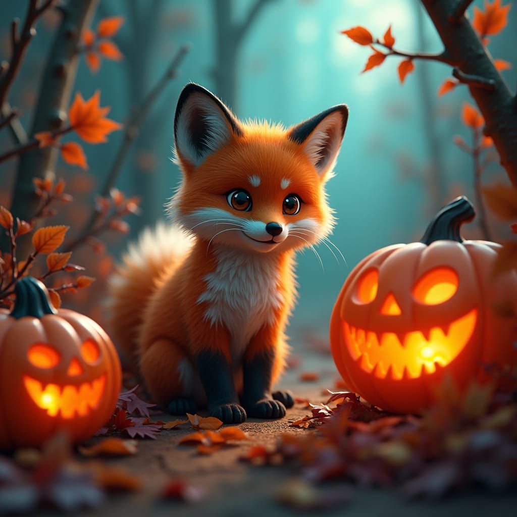Whimsical Fox Cub in Halloween Art Nouveau Style