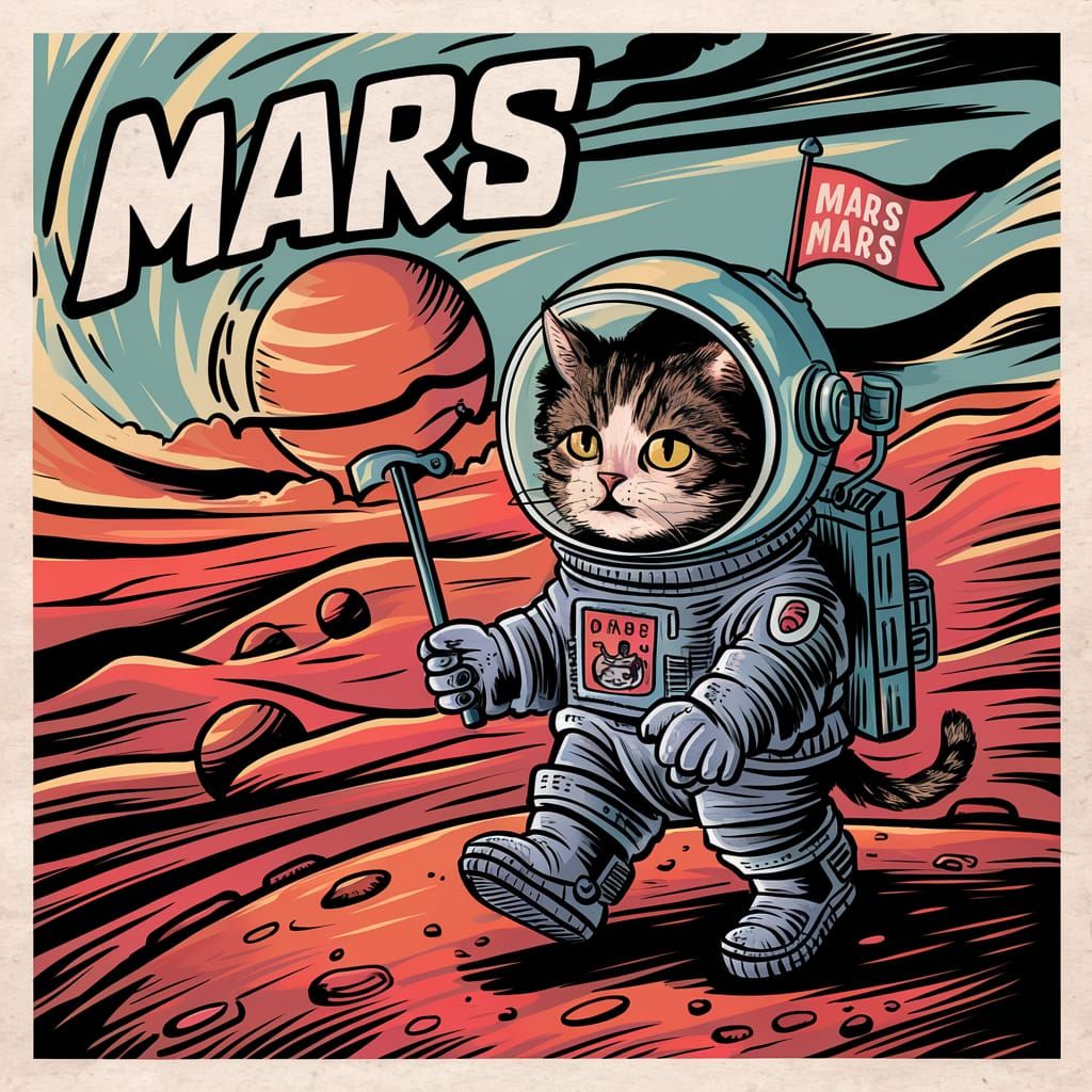 Cat Astronaut on Mars in Pop Art Style
