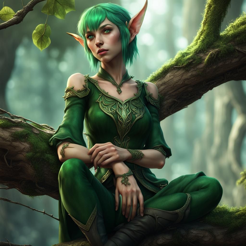 Green Elf on Branch: Fantasy Art in 8K