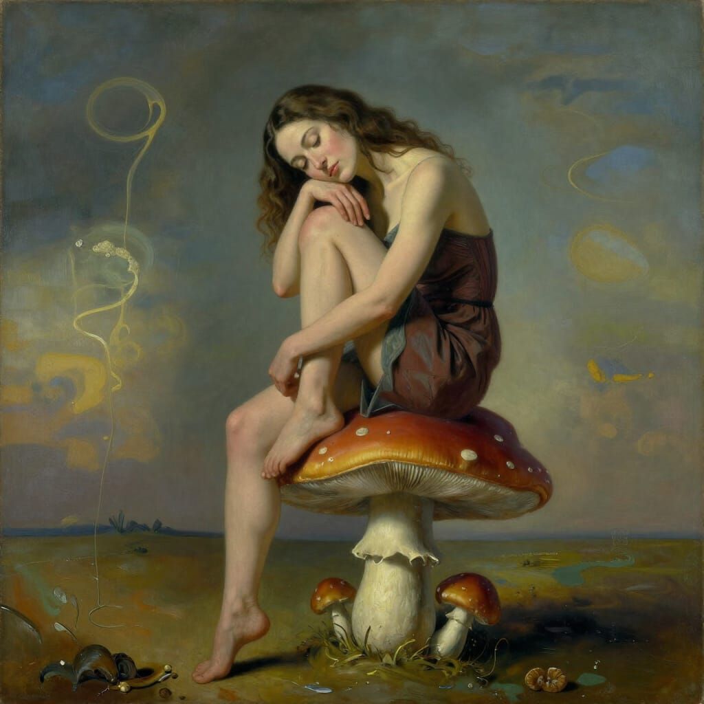 Surreal Woman Ponders on Melting Mushroom as Oil Painting