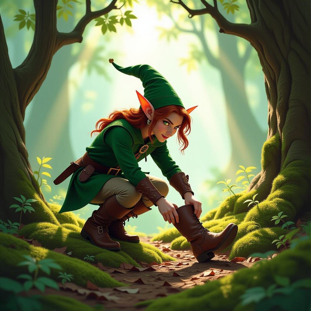 Whimsical Elf Trips Over Boot in Sunlit Forest