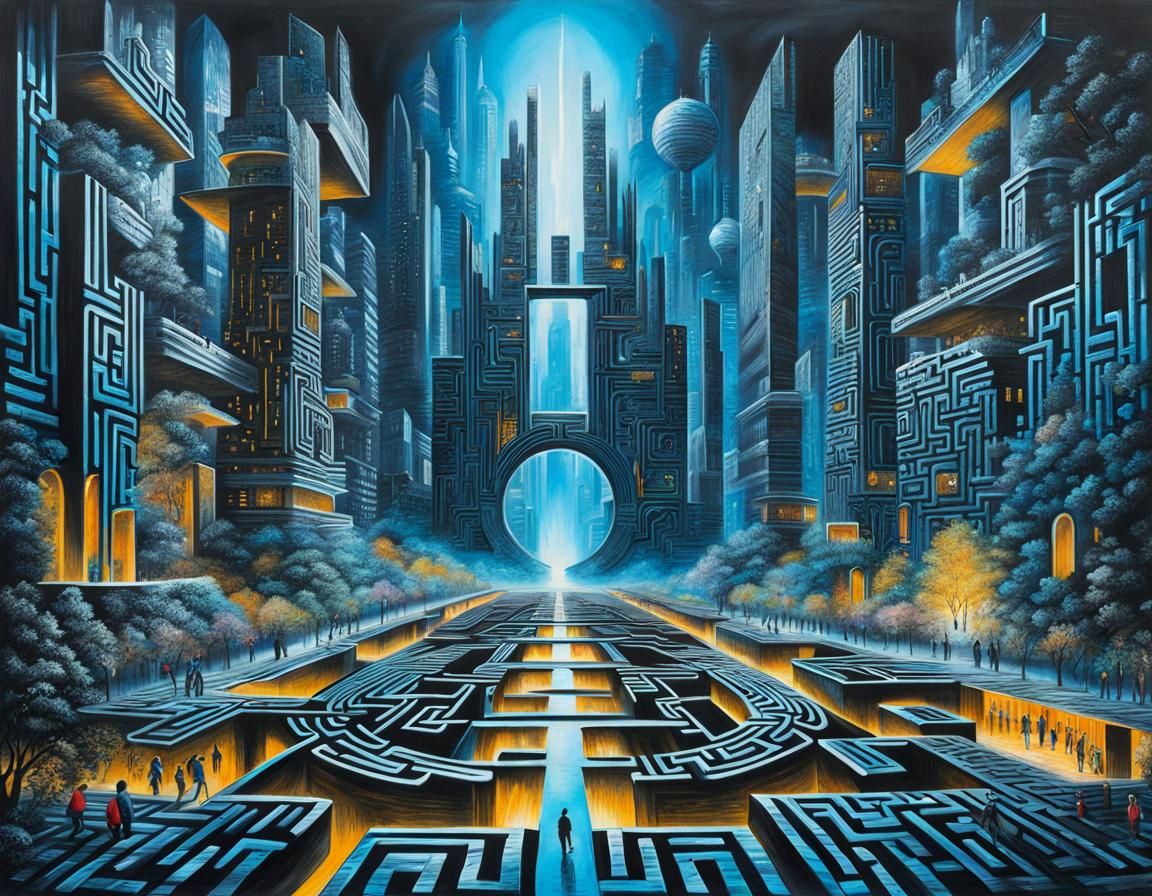 Futuristic City with Neon Portal, Hyperdetailed Charcoal Dra...
