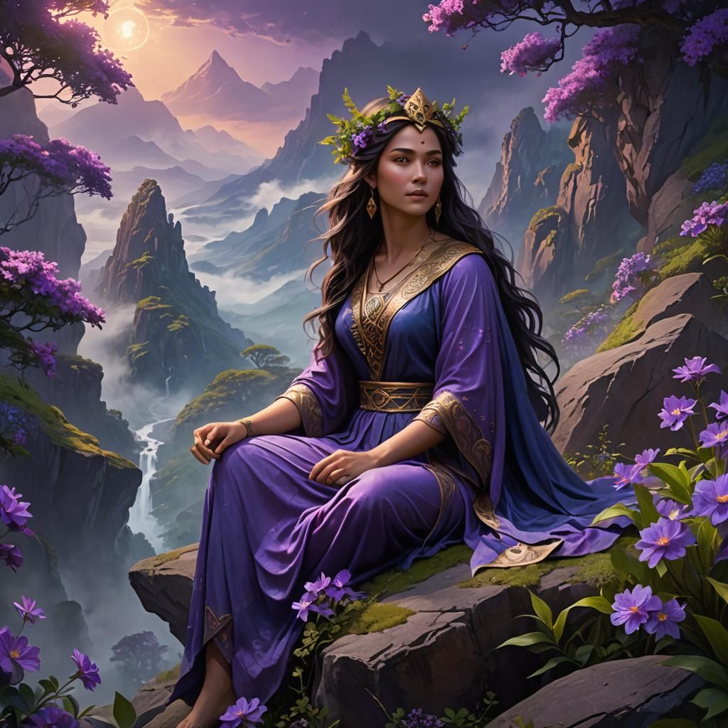 Goddess Sophia on Misty Mountain Peak, Digital Art