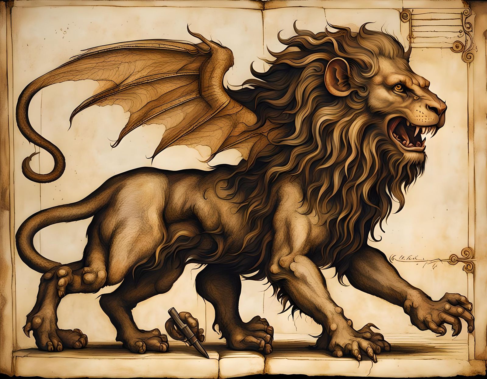 Manticore in Leonardo da Vinci Style Bestiary