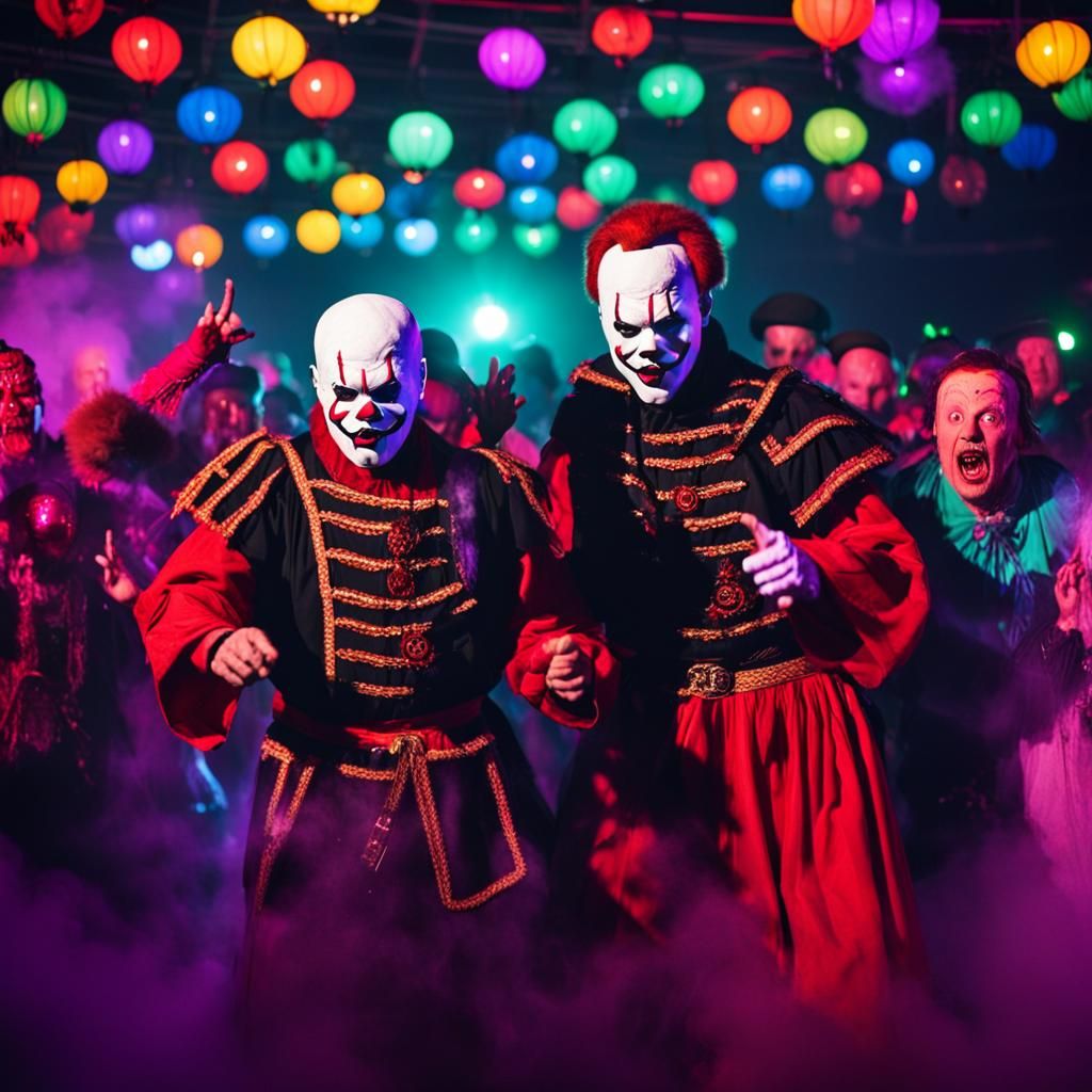 ghostface,Michael Myers and the clown pennywise dance the KAZACHOK in traditional Cossack clothes at a rave party,scarin...