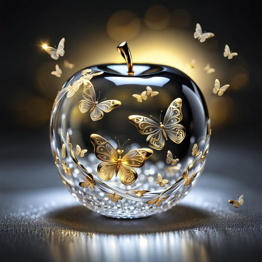 Golden Crystal Apple with Butterflies and Hearts