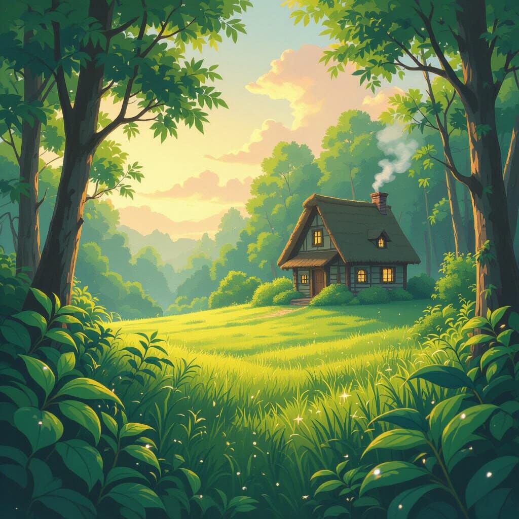 Anime Cottage in Dawn Forest Clearing